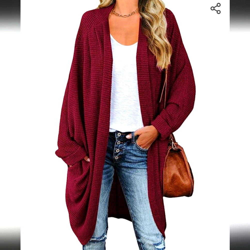 ZoeAce Womens Batwing Long Sleeve Chunky Cardigan Sweaters w Pockets - Burgundy